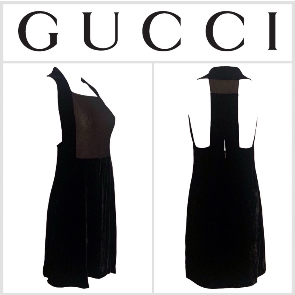 GUCCI by TOM FORD F/W 2001 Black Velvet Sheer Silk Vintage Dress Size 42